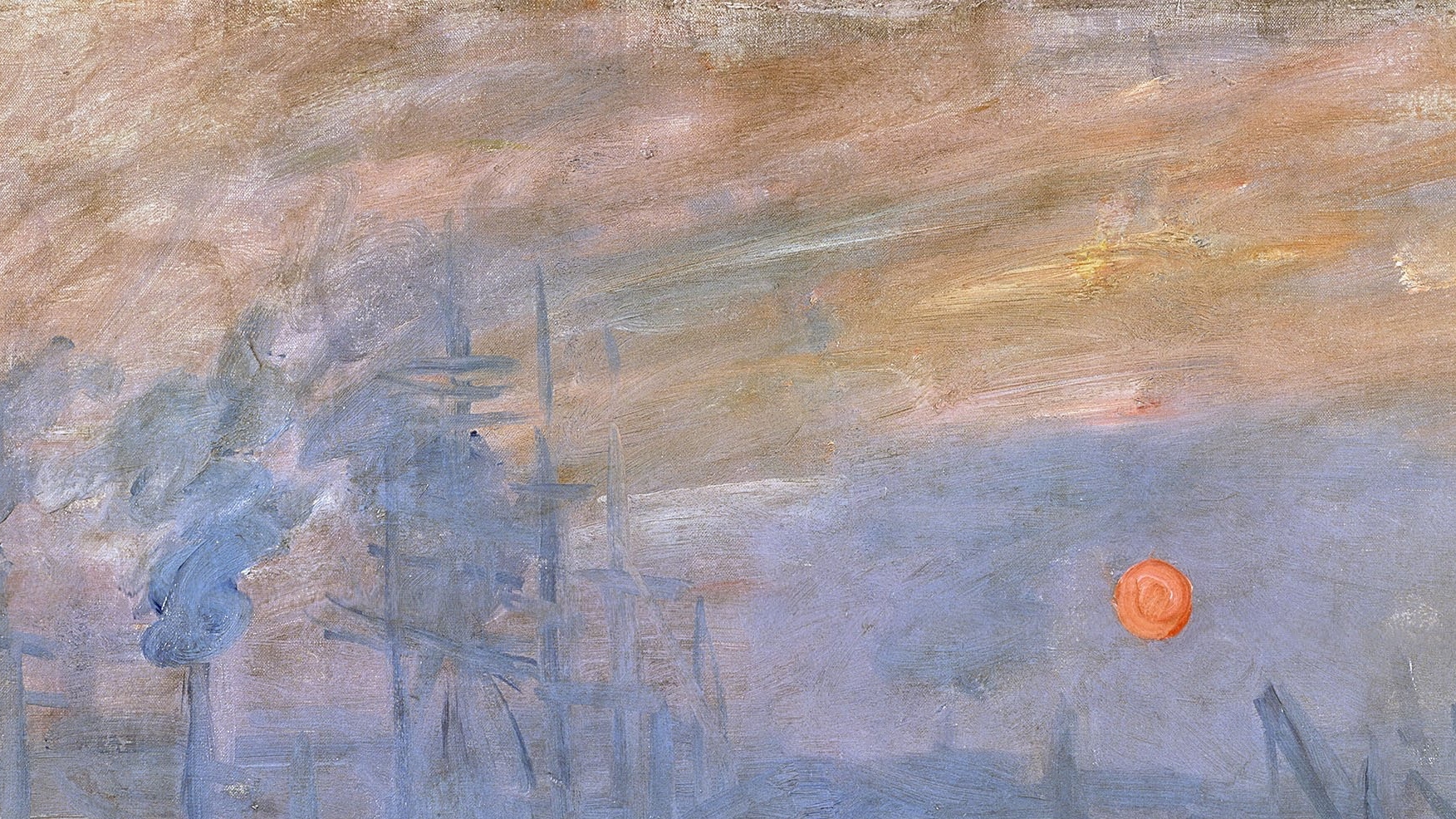The misty sky over Le Havre (detail), Claude Monet, Impression, Sunrise depicting an industrial landscape with smokestacks emitting dark smoke against a hazy sky. The scene features muted colors with a prominent orange sun, highlighting environmental pollution and atmospheric effects.