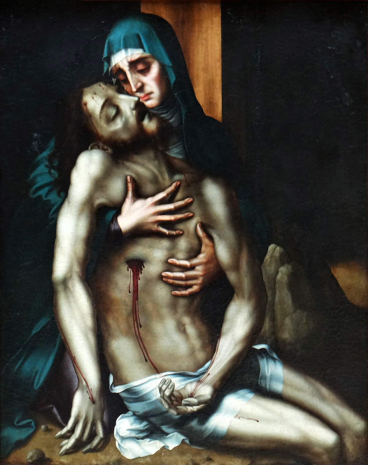 Luis de Morales, Piedad, 1565 oil on panel of a deceased Chris bleeding from a chest wound held by the Virgin Mary clad in blue.