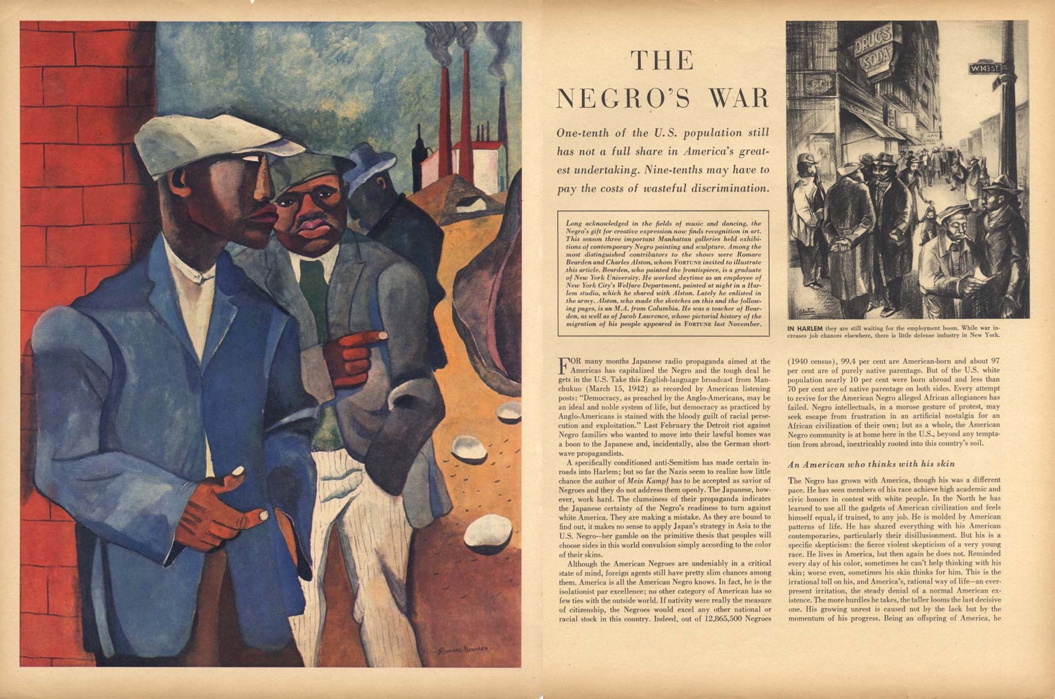 A two-page magazine spread featuring a colorful illustration of African American workers in an industrial setting on the left and an article titled "The Negro's War" on the right. The article discusses the impact of World War II on African Americans, highlighting economic and social challenges, with a black-and-white photo of men gathered outside a building included.