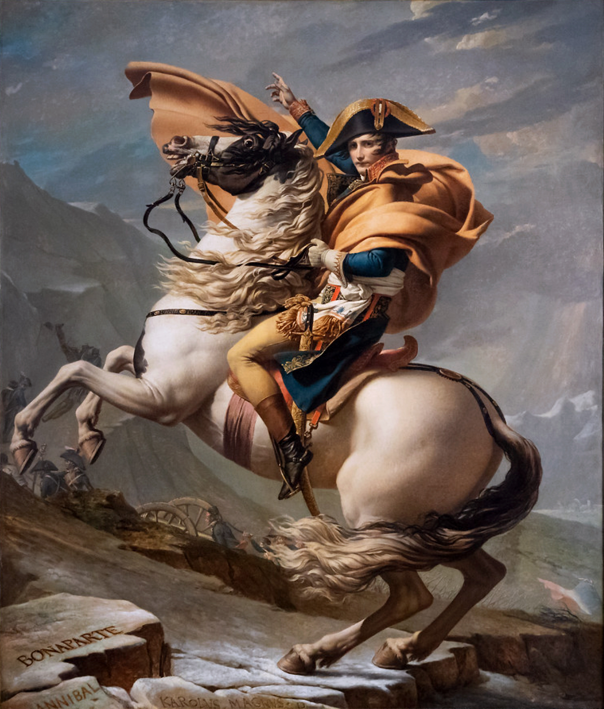David, Napoleon Crossing the Alps or Bonaparte at the St Bernard Pass, depicting Napoleon in military uniform riding a rearing white horse on a rocky mountain path. The scene features dramatic movement with flowing cape and detailed attire, highlighting a moment of leadership and determination.