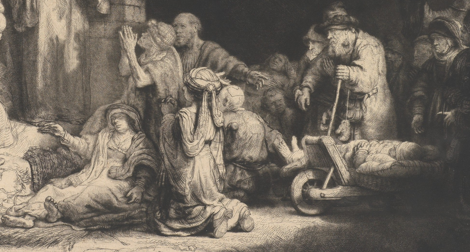 Detail, Rembrandt, The Hundred Guilder Print, a black and white etching depicts a group of people in distress, with some kneeling and others standing around a wheelbarrow filled with loaves of bread.