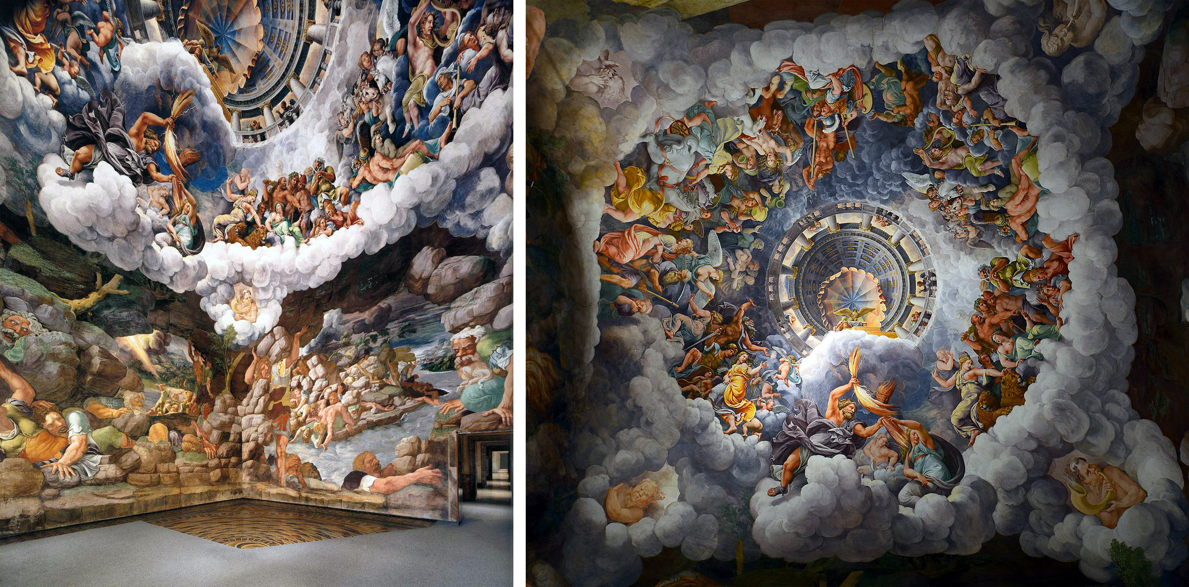 Photograph of a detailed ceiling and wall fresco depicting numerous human figures among clouds, arranged in a circular, spiral-like composition around a central architectural element. The artwork features vibrant colors, dynamic poses, and a dramatic use of light and shadow, creating a sense of depth and movement in a classical or baroque style.