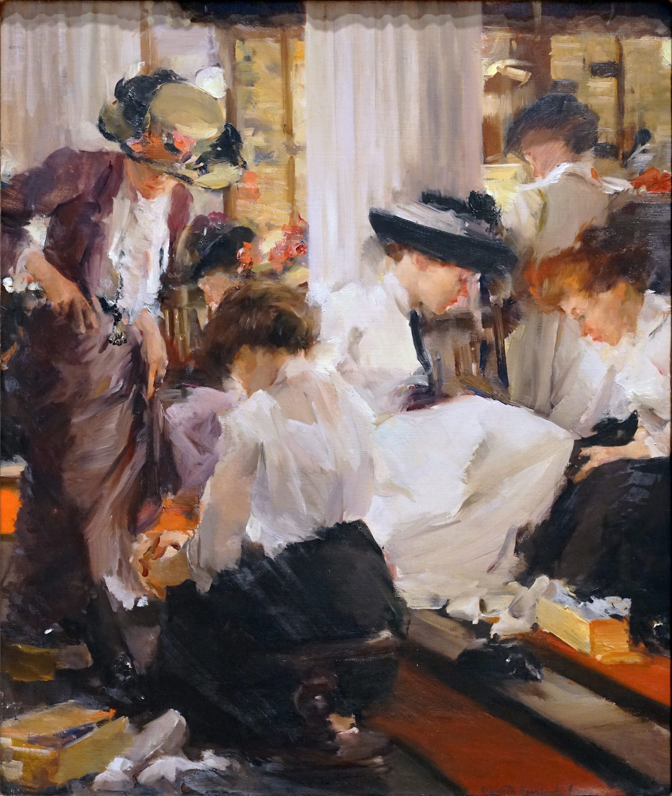 Painting depicting a group of women in early 20th-century attire trying on shoes in a store, highlighting social interaction and fashion of the era. Soft brushstrokes and muted colors emphasize detailed clothing, hats, and shoe boxes scattered around, capturing a lively shopping scene.