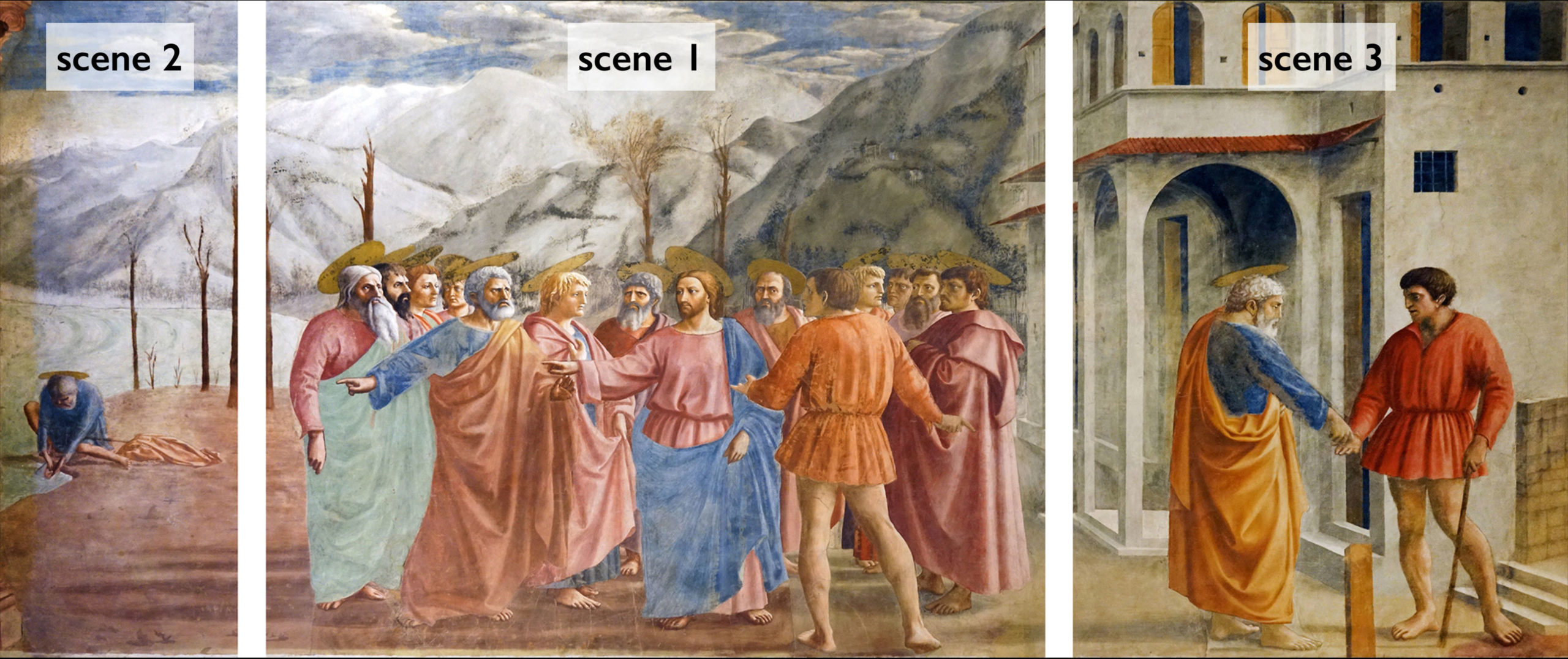 Diagram of Tribute Money divided into three labeled scenes. Scene 1 shows a central figure surrounded by followers, scene 2 features a solitary figure kneeling, and scene 3 portrays two men shaking hands near an architectural structure.