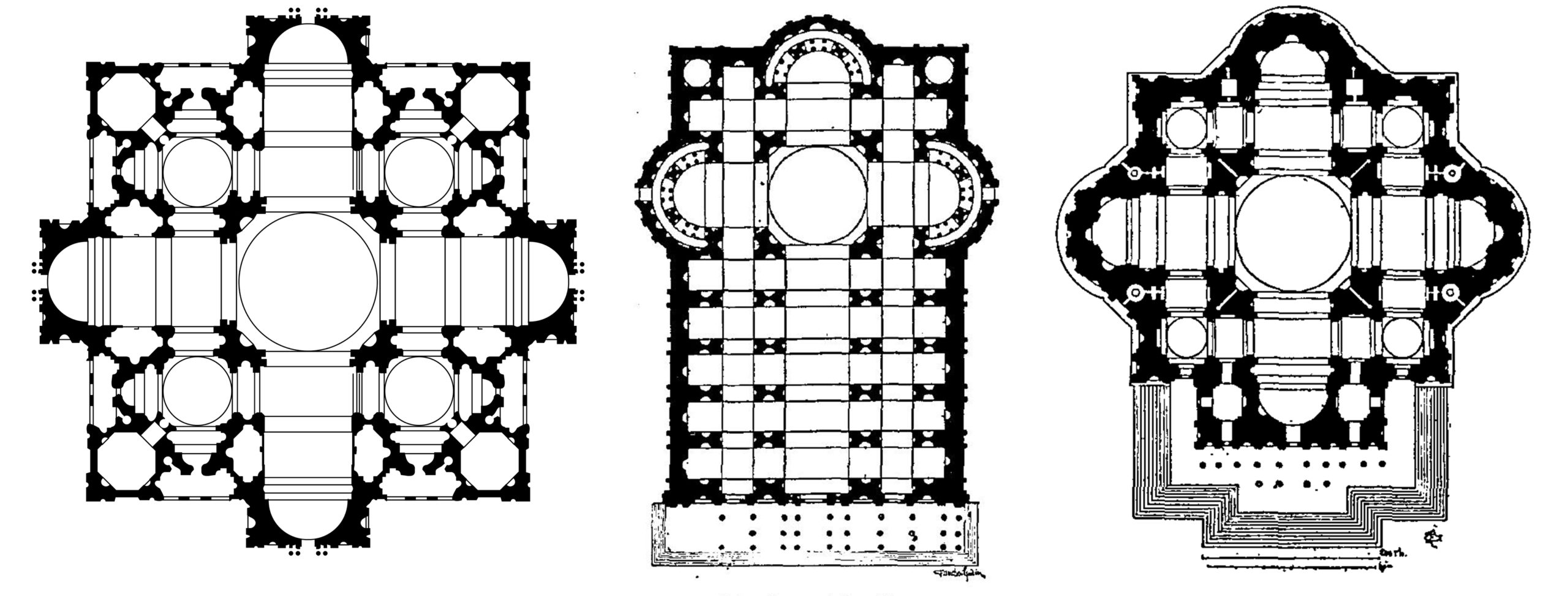 Three black and white architectural floor plans of churches or cathedrals are shown side by side, each with distinct layouts featuring central circular areas and surrounding rectangular or polygonal sections. The plans highlight structural elements such as columns, walls, and entrances, illustrating different design styles and spatial arrangements.
