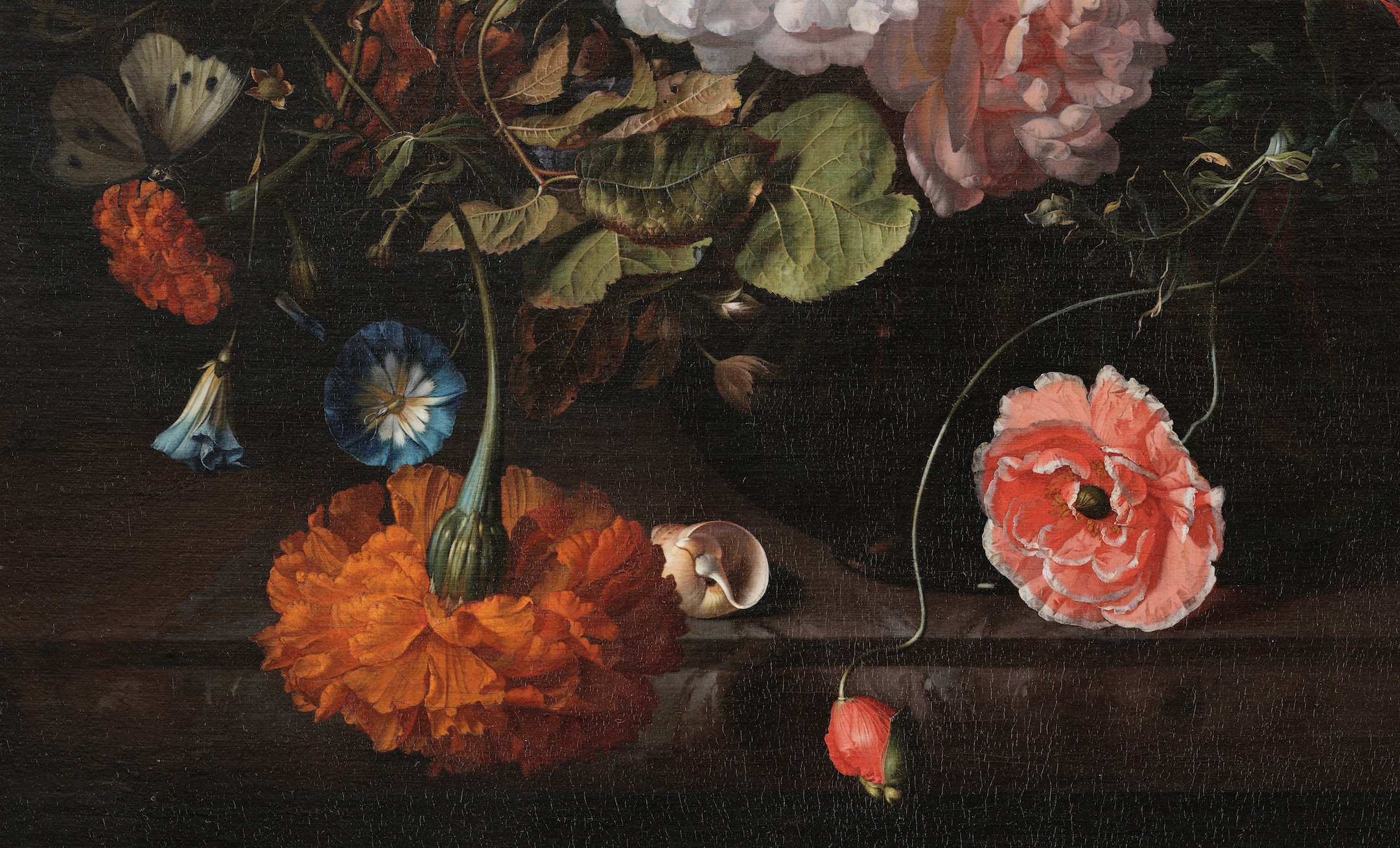 A drooping marigold and other flowers spilling out of the vase (detail), Rachel Ruysch, Flower Still Life.
