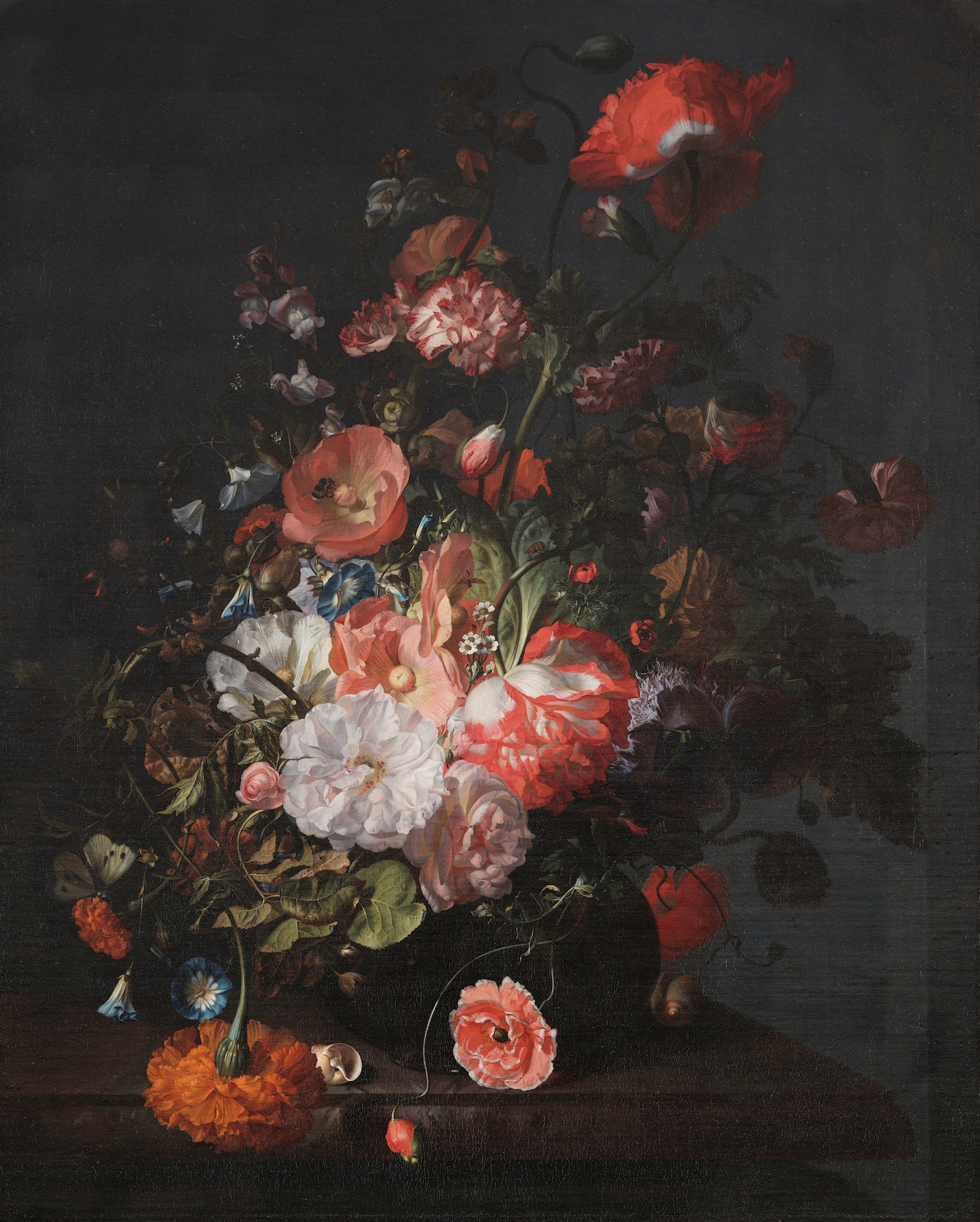 Rachel Ruysch, Flower Still Life, painting of a floral arrangement featuring various flowers such as poppies, roses, and carnations in vibrant reds, pinks, whites, and oranges against a dark background. The composition highlights intricate details of petals, leaves, and stems with subtle lighting emphasizing texture and depth, creating a dramatic contrast.