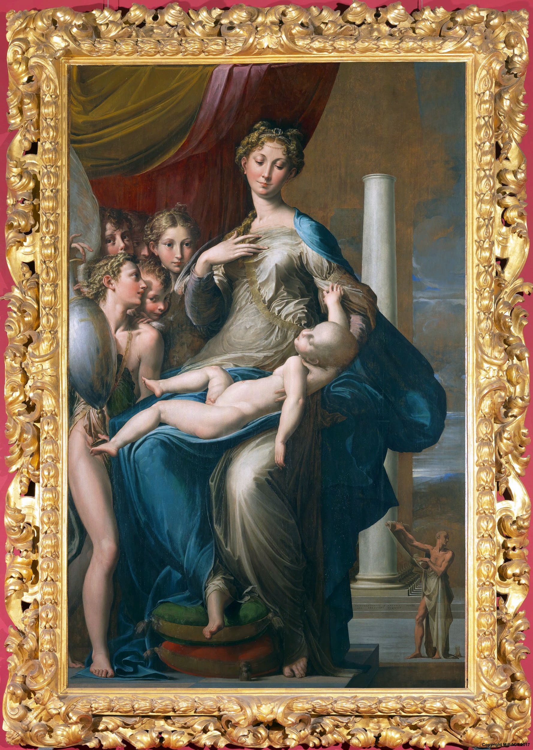 Parmigianino, Madonna of the Long Neck, 1530–33 painting of an elongated Virgin Mary holding an elongated Christ child. On Mary's right is a crowd of people while on Mary's left there is a large pillar and a small-scale man holding a scroll.