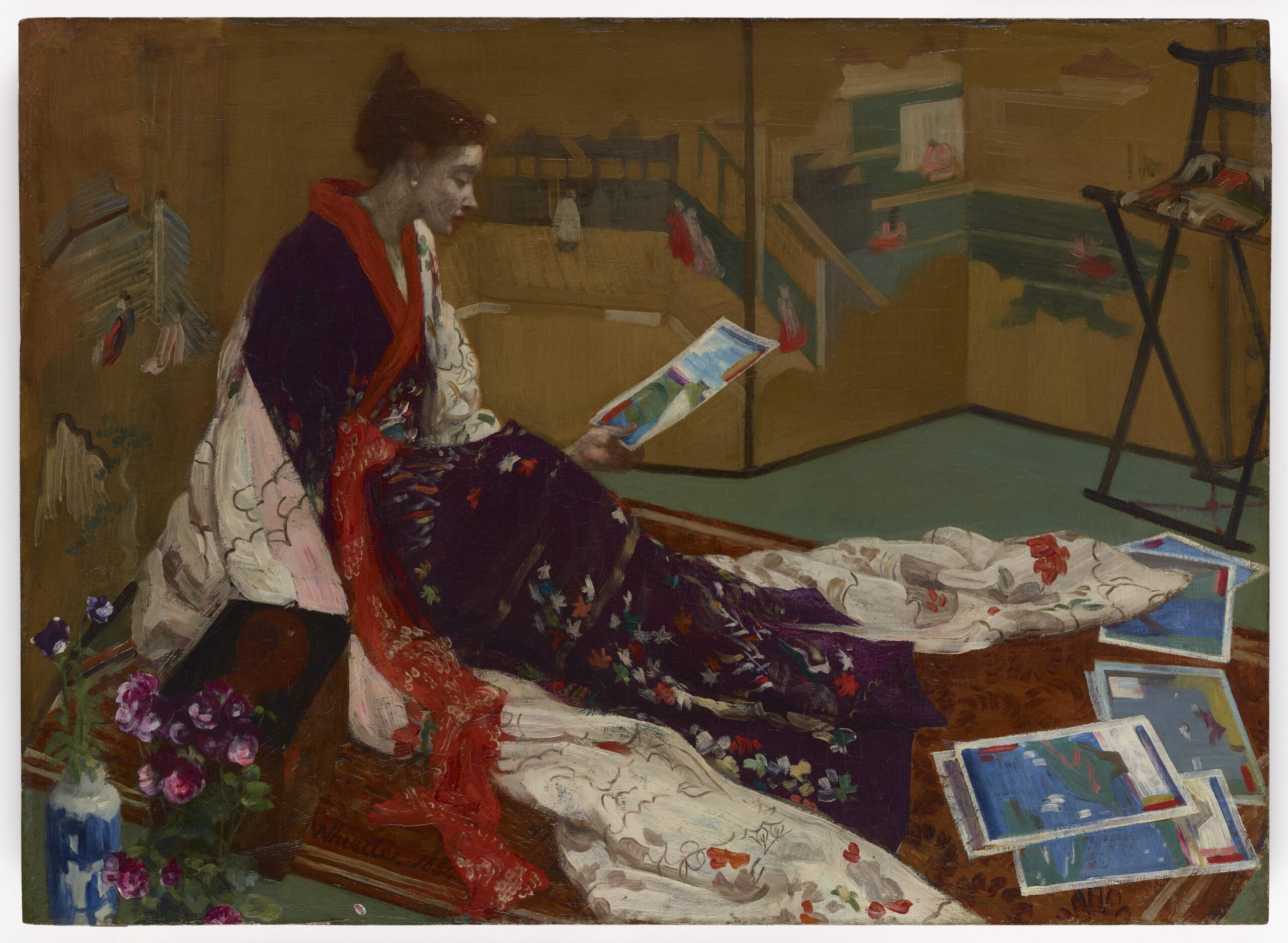 Whistler, Caprice in Purple and Gold: The Golden Screen, painting depicting a woman dressed in a richly patterned purple and white kimono seated on a carpeted floor, surrounded by colorful prints or paintings. The background features a folding screen with traditional Japanese artwork, and an easel stands to the right, suggesting an artistic or contemplative setting.