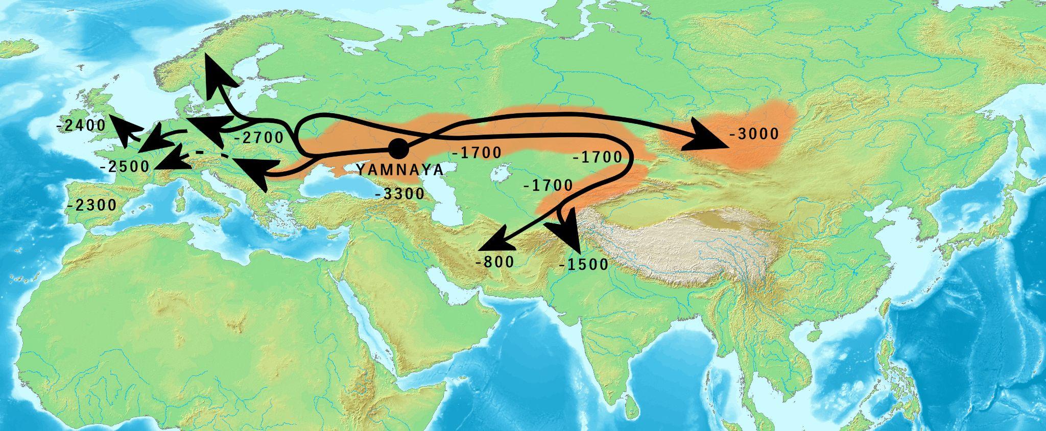 A mpa showing Indo-European migrations from Central Asia