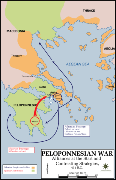 Map of Sparta and its allies and Athens and its allies, the latter mostly along the shores and on the islands of the Aegean Sea.