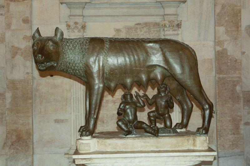 Statue of the wolf Lupa suckling the two babies Romulus and Remus.