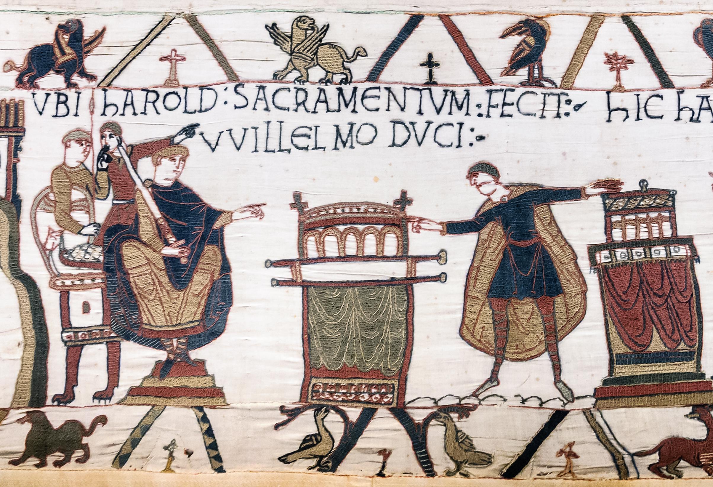 Image from the Bayeux Tapestry depicting the Norman conquest of England in which one ruler pledges fealty to another.