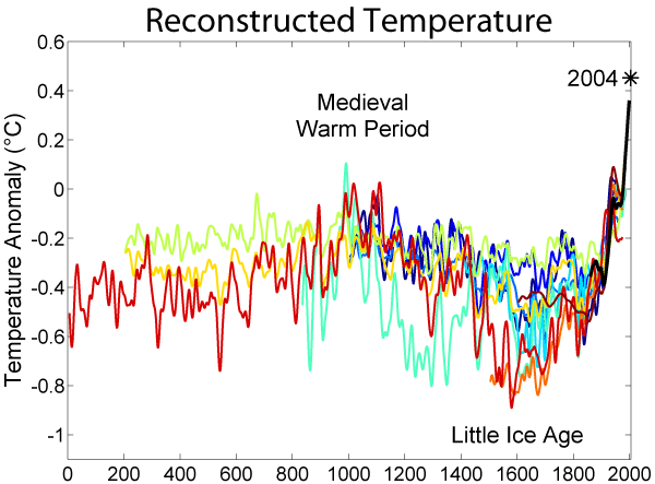 Chart depiction changes in temperature over time, illustrating the Little Ice Age and the early period of global warming (i.e. the chart cuts off in 2004).