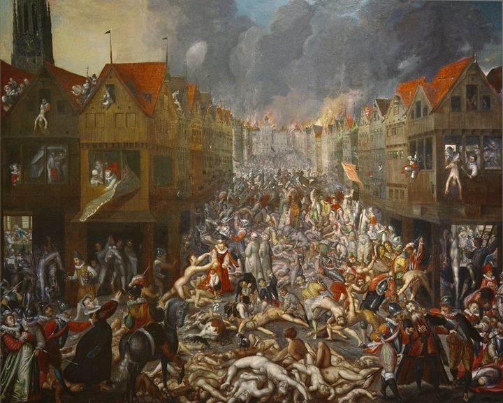 A painting of the Spanish destruction of a Dutch town.