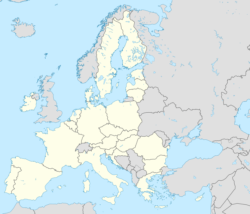 Map of Europe showing country borders with some countries shaded in light yellow and others in gray. The map highlights European Union member states in yellow, distinguishing them from non-EU countries in gray.