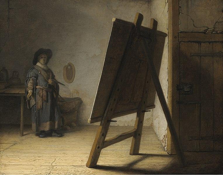A dark, brooding self-portrait of Rembrandt, standing in the background with a large easel in front him.