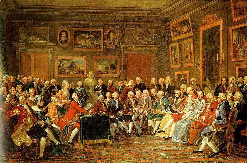 Mme Geoffrin's salon, with well-dressed Frenchmen gathered in an ornate reading room, with Geoffrin herself presiding.