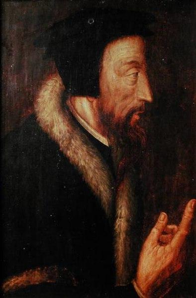 Portrait of Jean Calvin gesturing and speaking to someone on his right.