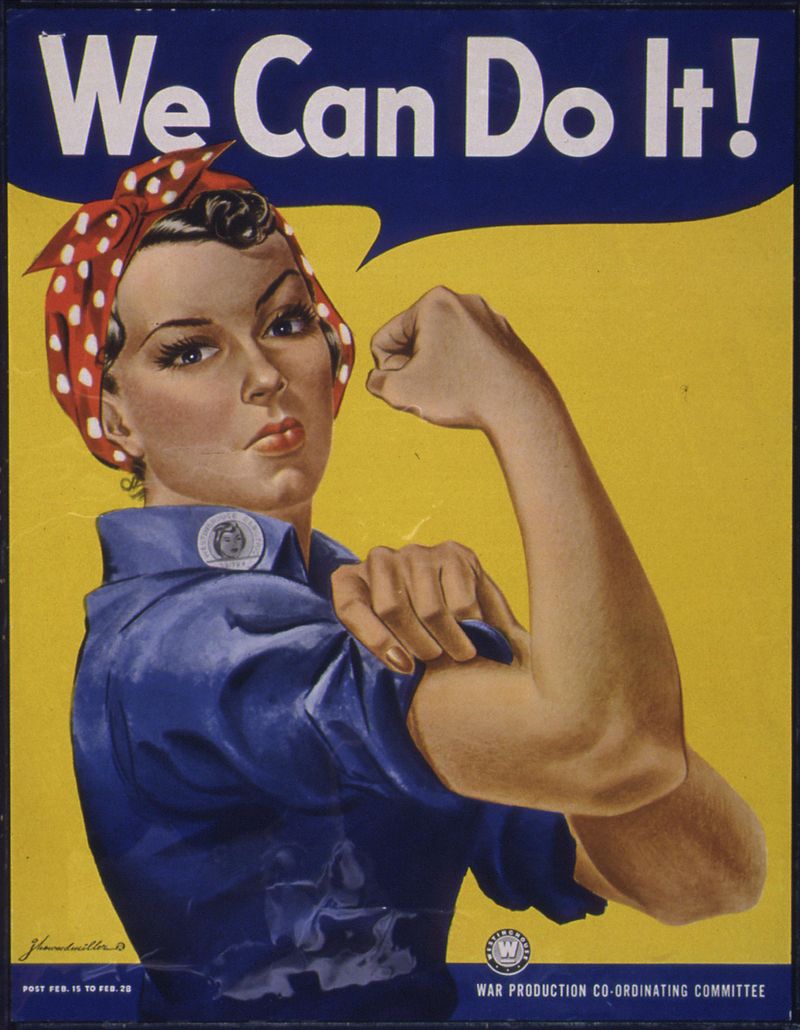 A propaganda poster of a woman with a red headband under the caption “We can do it!”