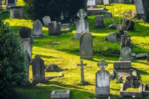 A expanse of green grass is riddled with gray, aging graves stones. The sunlight highlights a cross stone in the middle of the image.