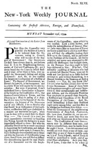 A full-page copy of an edition of Zenger's newspaper from 1734. The title reads The New York Weekly Journal. The text is a sea of gray with English spellings and no images.